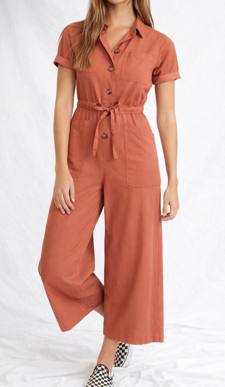 Madewell Coral Orange Utility Wide Leg Jumpsuit Button Front Belted Size 00